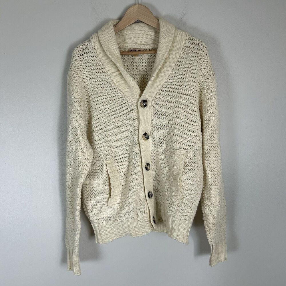 VTG 90s Mens L Knit Sweater Ivory chunky Knit Cardigan Wool Preppy Old Money